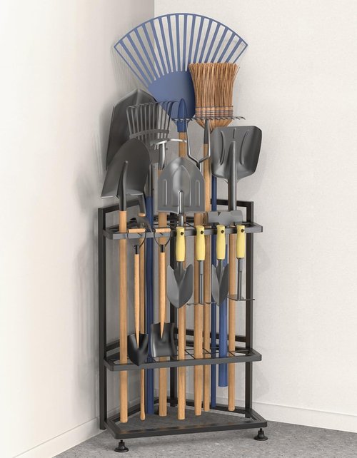 Metal Yard Tool Organizer by [Brand Name] - Heavy-Duty Storage Rack for Long-Handled Tools | Corner Design with Side Pocket