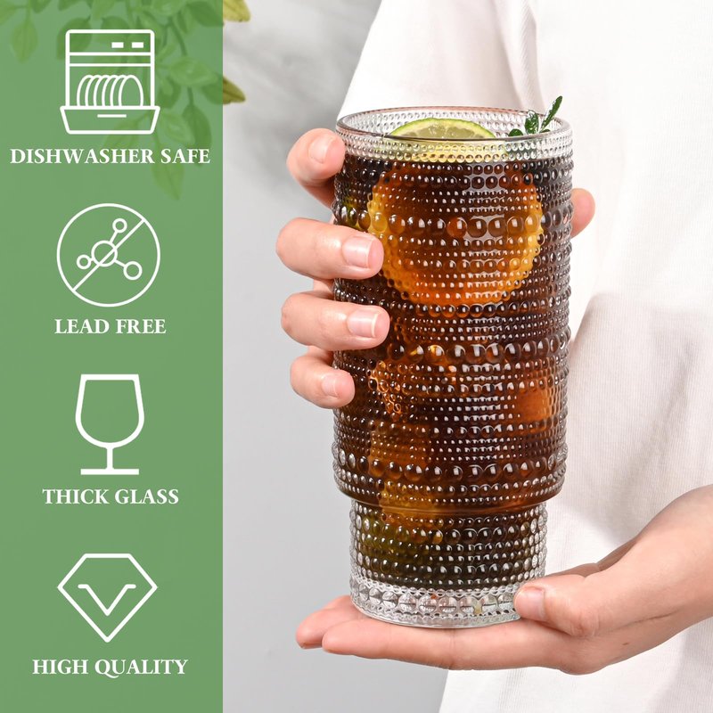 AUFXKOO 16OZ Glass Coffee Cups with Lids and Straw,4Pcs Glass Tumbler with Straw and Lid,Vintage Embossed Glassware for Whiskey Cocktail Beer,Iced Coffee Cup