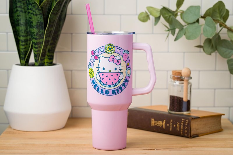 Silver Buffalo Sanrio Hello Kitty Summer Kawaii Fruits Double Walled Stainless Steel Tumbler with Handle, Fits in Standard Cup Holder, 40 Ounces