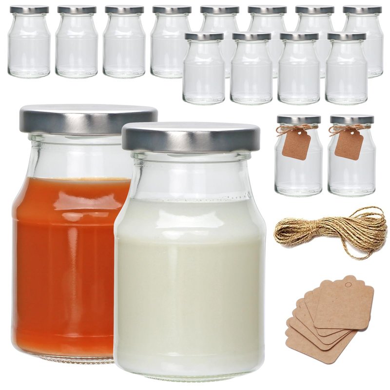 Woaiwo-q 16Pack 6oz Glass Milk Bottles, Glass Jars, Canning Jelly Jars with Silver Lids, Glass Yogert Jars, Clear Glass Milk Jars Ideal for Jam, Honey, Wedding Favors, Shower Favors