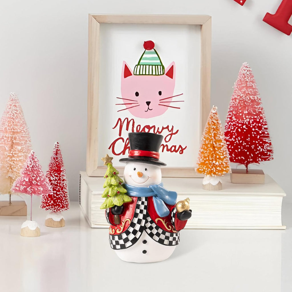 Snowman Figurines | 7.1x4.9 Inch Resin Black & White Checkered Christmas Decor for Home