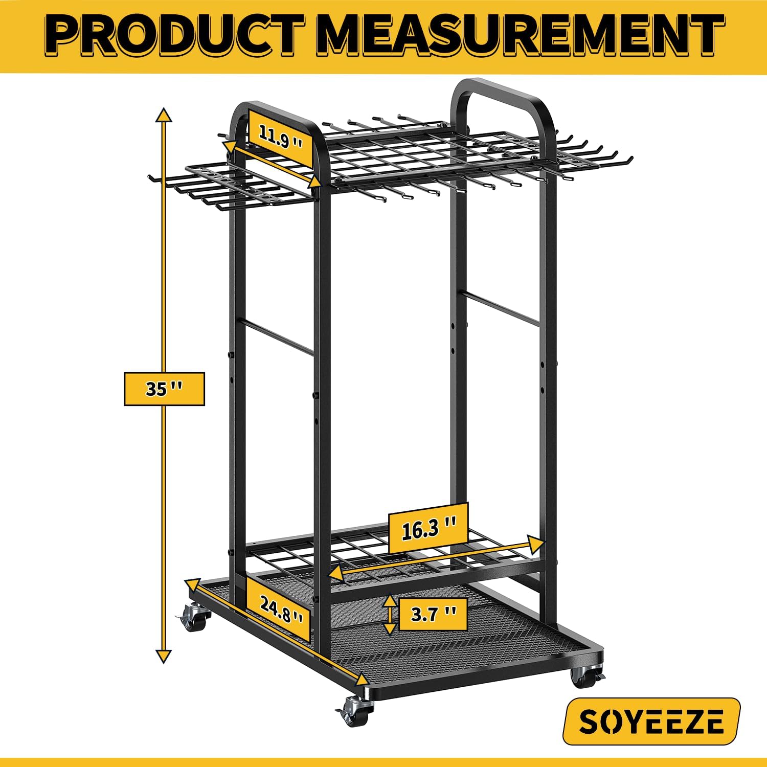 SOYEEZE Garden Tool Organizer - Heavy Duty 3-Tier Tool Rack with Lockable Wheels | Holds 35 Tools