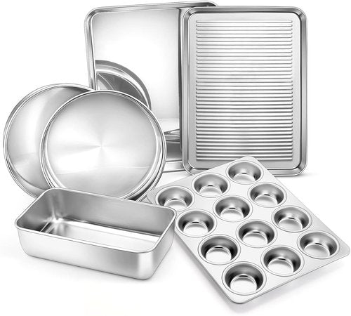 E-far 6-Piece Stainless Steel Baking Pans Set - Non-Toxic, Heavy Duty Bakeware for Oven | Includes 8-Inch Cake Pan, Cookie Sheet, Muffin & Loaf Pan