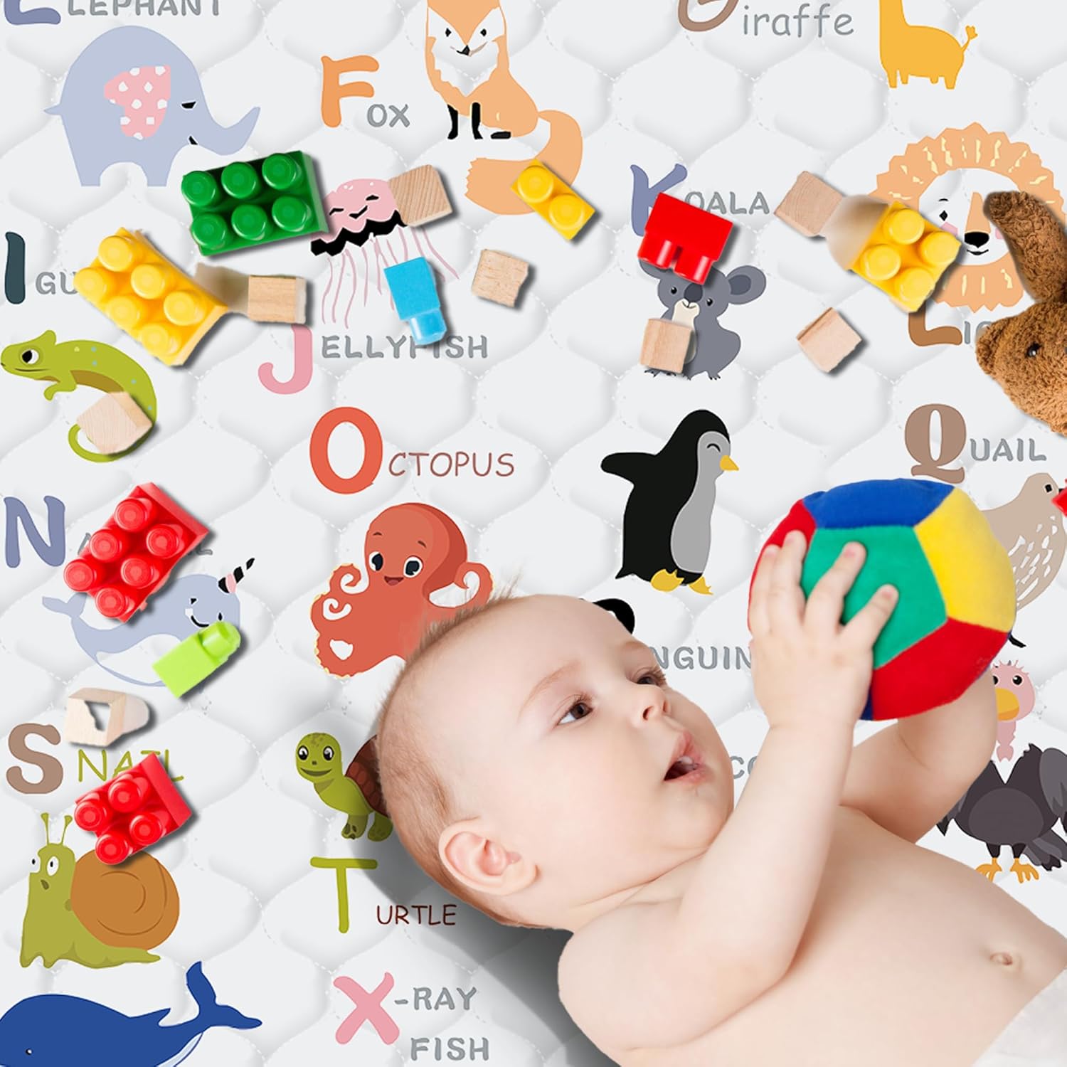Skiennix Baby Play Mat - Thick Soft Non-Slip 50" x 50" Crawling Mat for Infants & Toddlers | Machine Washable (Animal Alphabet-A)
