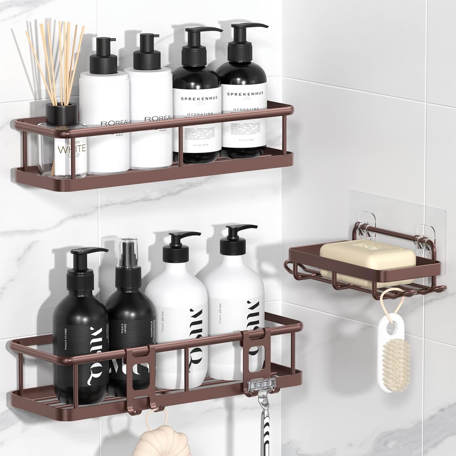 YASONIC Shower Caddy - Rustproof Organizer with Large Capacity Shelves | 3 Pack with Soap Holder & 12 Hooks in Bronze