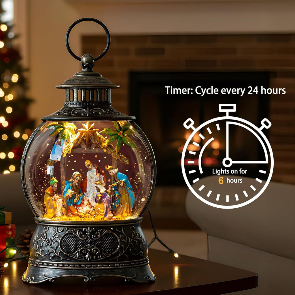 Regine Switzerland Christmas Snow Globe Lantern - Musical Holy Family Nativity Scene | 6H Timer, USB & Battery Operated