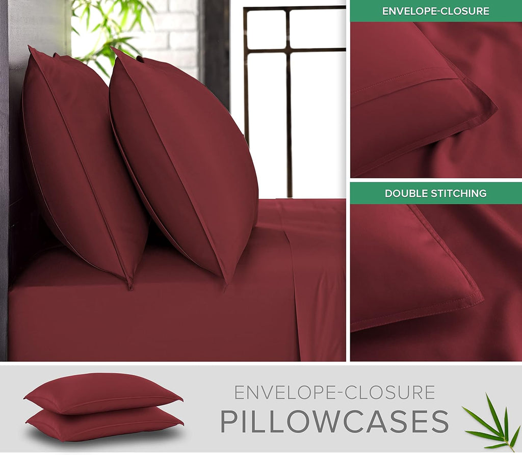 Pure Bamboo Queen Sheets - Luxuriously Soft & Cooling 100% Organic Viscose Bed Sheet Set | Merlot Color, Double Stitching