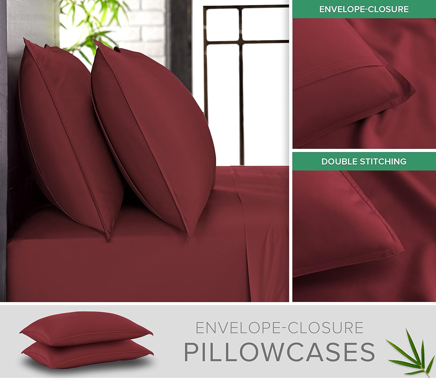 Pure Bamboo Queen Sheets - Luxuriously Soft & Cooling 100% Organic Viscose Bed Sheet Set | Merlot Color, Double Stitching