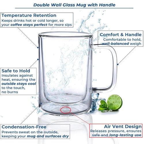 Aquach 12 oz Double Walled Glass Coffee Mugs with Handle, 2-Pack - Ideal for Latte, Cappuccino and Tea
