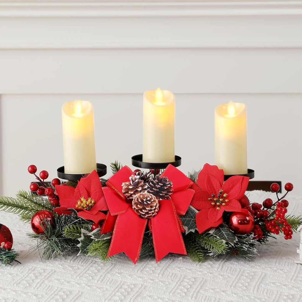 Regine Switzerland Christmas Centerpiece - 3 Candle Holders with LED Candles & String Lights | Poinsettia Red Buffalo Plaid Design