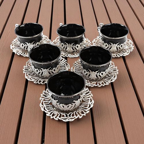 Alisveristime 12 Pc Turkish Greek Arabic Coffee Espresso Cup Saucer Porcelain Set (Black Silver)