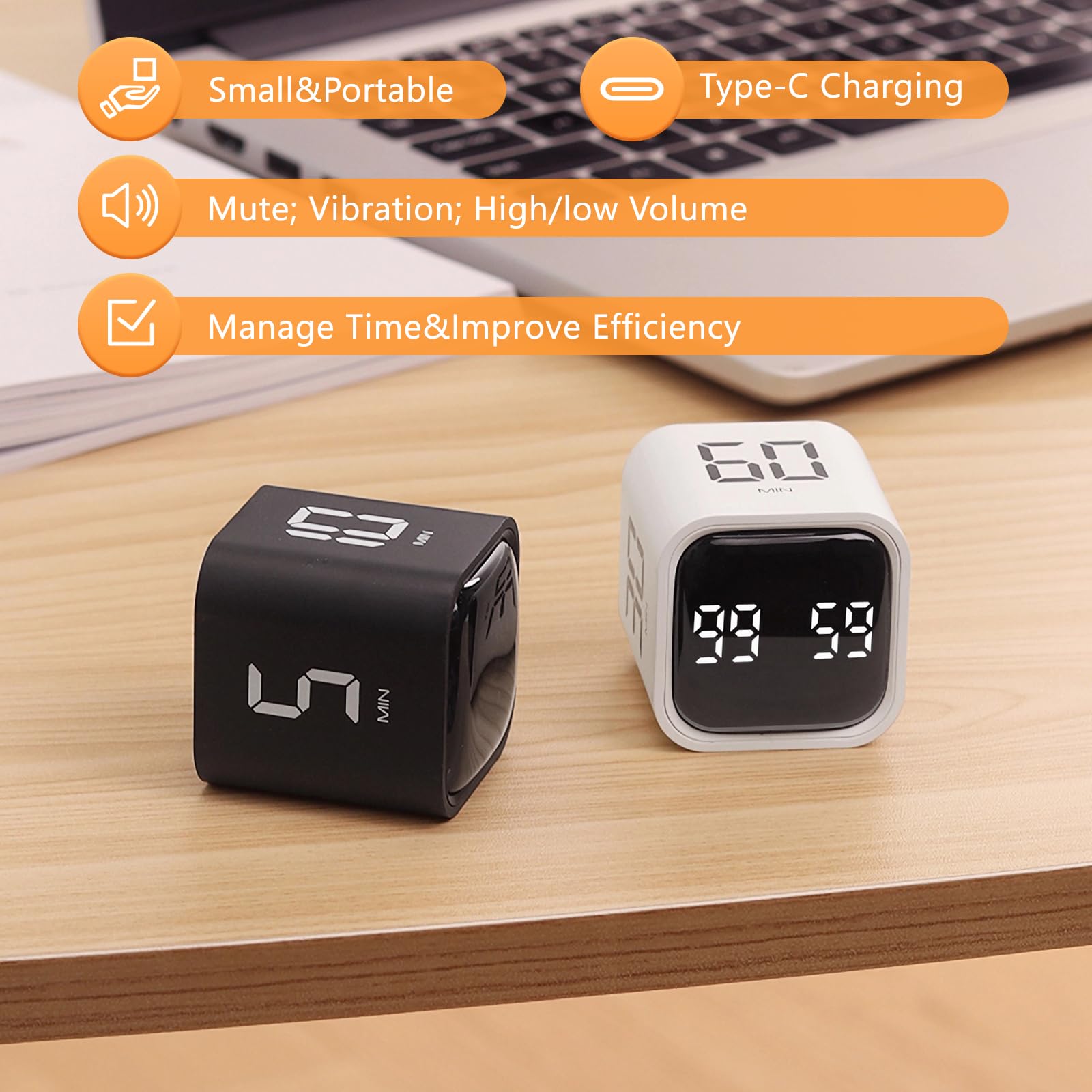 GuDoQi Multi-Function Cube Timer, 5/10/30/60 Min & Custom Count Down, Included Pause & Resume Feature, Silent, Vibrate & Adjustable Sound Alarm for Productivity in Tasks, Study & Kitchen, White