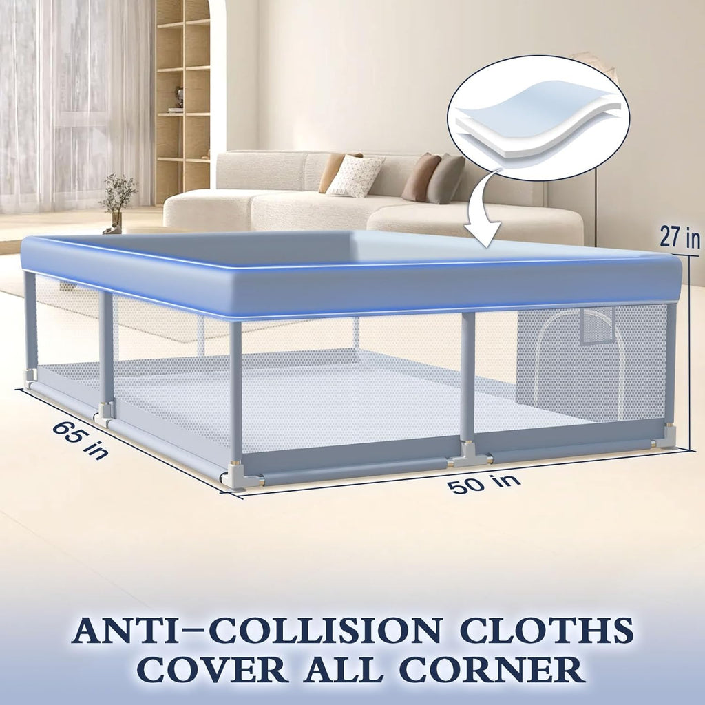 XVISHX Baby Playpen - 65 x 50 Inch Indoor & Outdoor Playard with Soft Mesh - Grey