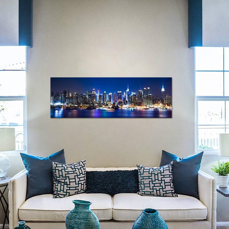 Biuteawal New York Wall Art Living Room Decor Beautiful Manhattan City Skyline Night Light Photo Poster Prints on Canvas Blue Cityscape Picture for Home Office Bedroom Decoration Ready to Hang