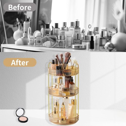 Asayuee 360° Rotating Makeup Organizer - 3-Tier Large Capacity for Skincare & Cosmetics | Gold