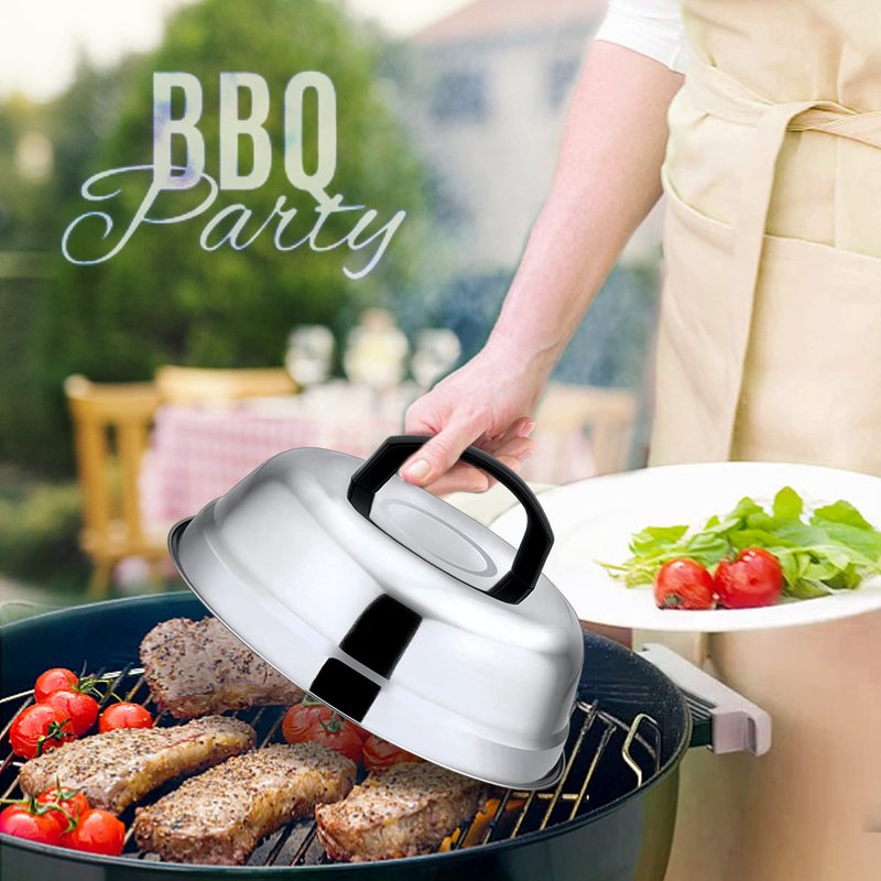 Leonyo 9 Inch Cheese Melting Dome Lid Set of 2, Stainless Steel Griddle Accessories, Durable Basting Steaming Cover for Teppanyaki Flat Top Griddle Grill, Hamburger Bacon Steak Patties, Plastic Handle