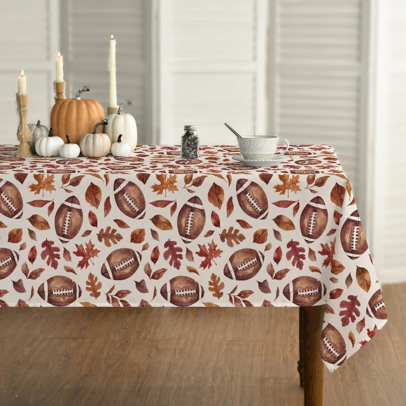 Horaldaily Fall Tablecloth 60×60 Inch Square, Thanksgiving Autumn Harvest Brown Leaves Football Table Cover for Party Picnic Dinner Decor