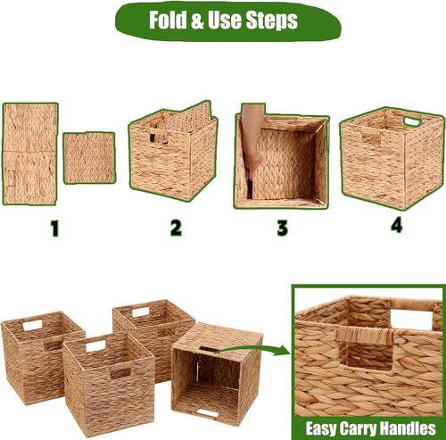 Handwoven Water Hyacinth Storage Baskets - 4 Pcs Foldable Square Bins for Laundry Organization | 11x11in