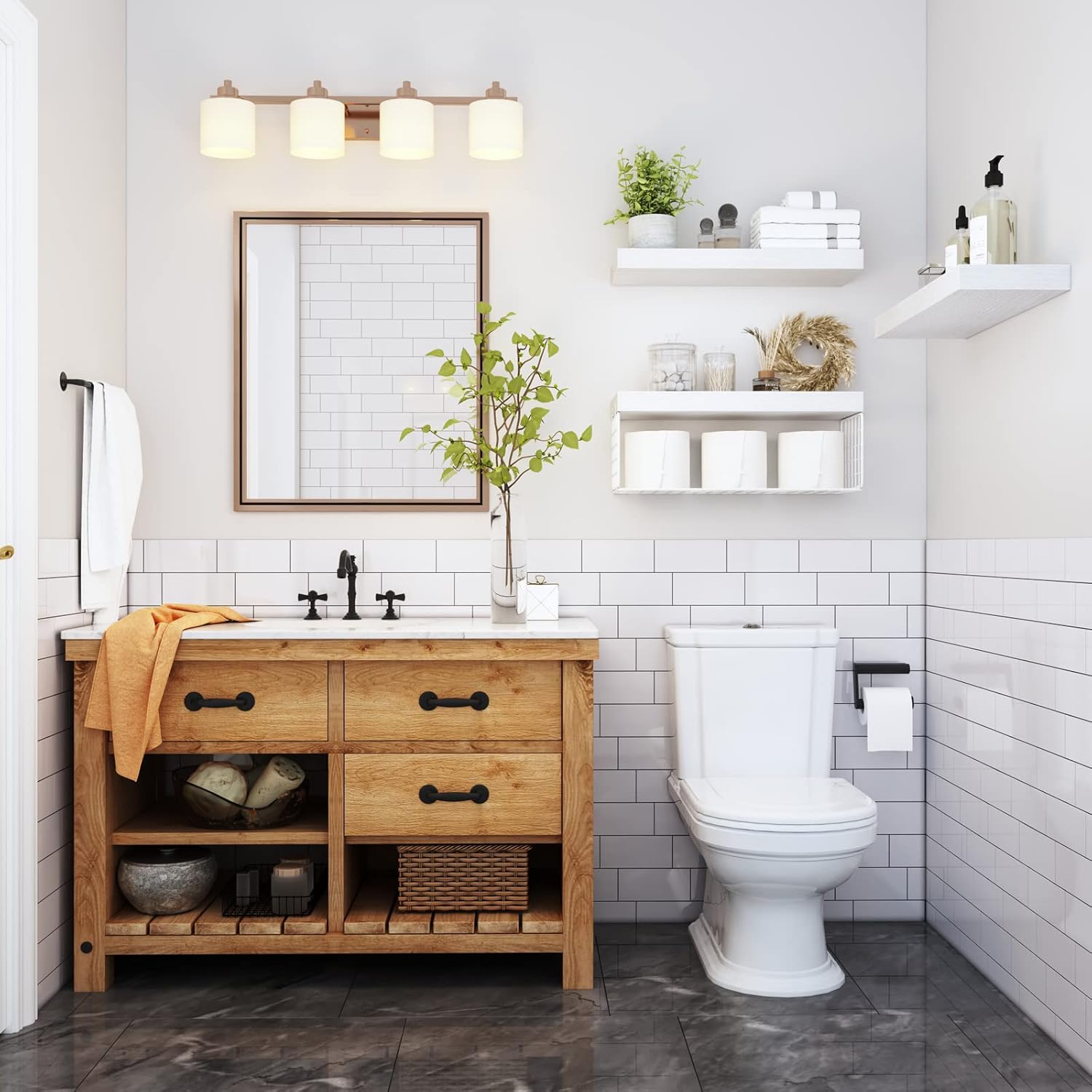 QEEIG Bathroom Shelves - Over Toilet Wall-Mounted Floating Storage | Set of 3 White 16-Inch Farmhouse Decor