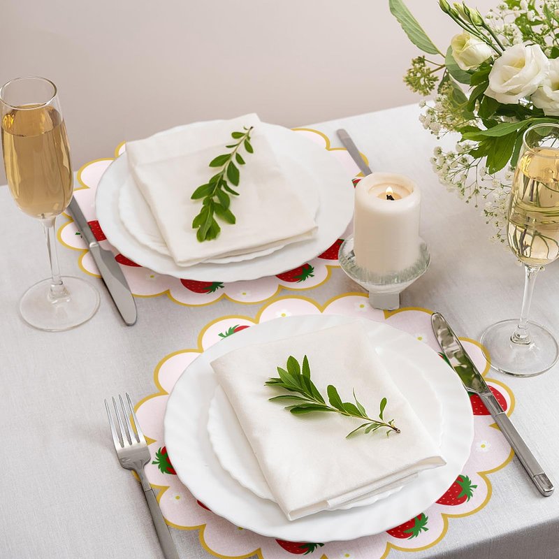 100Pcs Strawberry Paper Placemats Pink Fruit Place Mats 13.5 Inch Disposable Round Decorative Dining Table Mats with Scalloped Edges Paper Cutouts for Spring Birthday Bridal Wedding Party Supplies