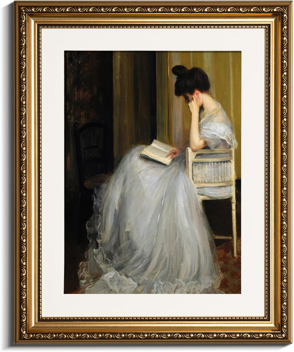 VIYYIEA Gold Framed Wall Art - Vintage Women Reading Canvas Print for Living Room | 13x16in