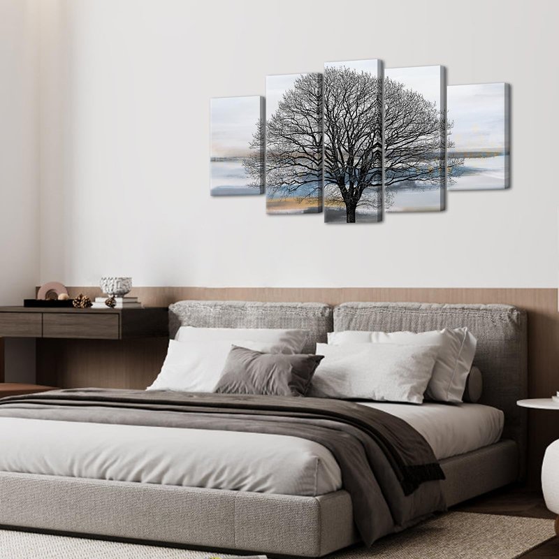 KLVOS Abstract Tree Canvas Wall Art 5 Panels Grey White and Blue Landscape Painting Modern Nature Artwork Pictures Living Room Bedroom Decoration