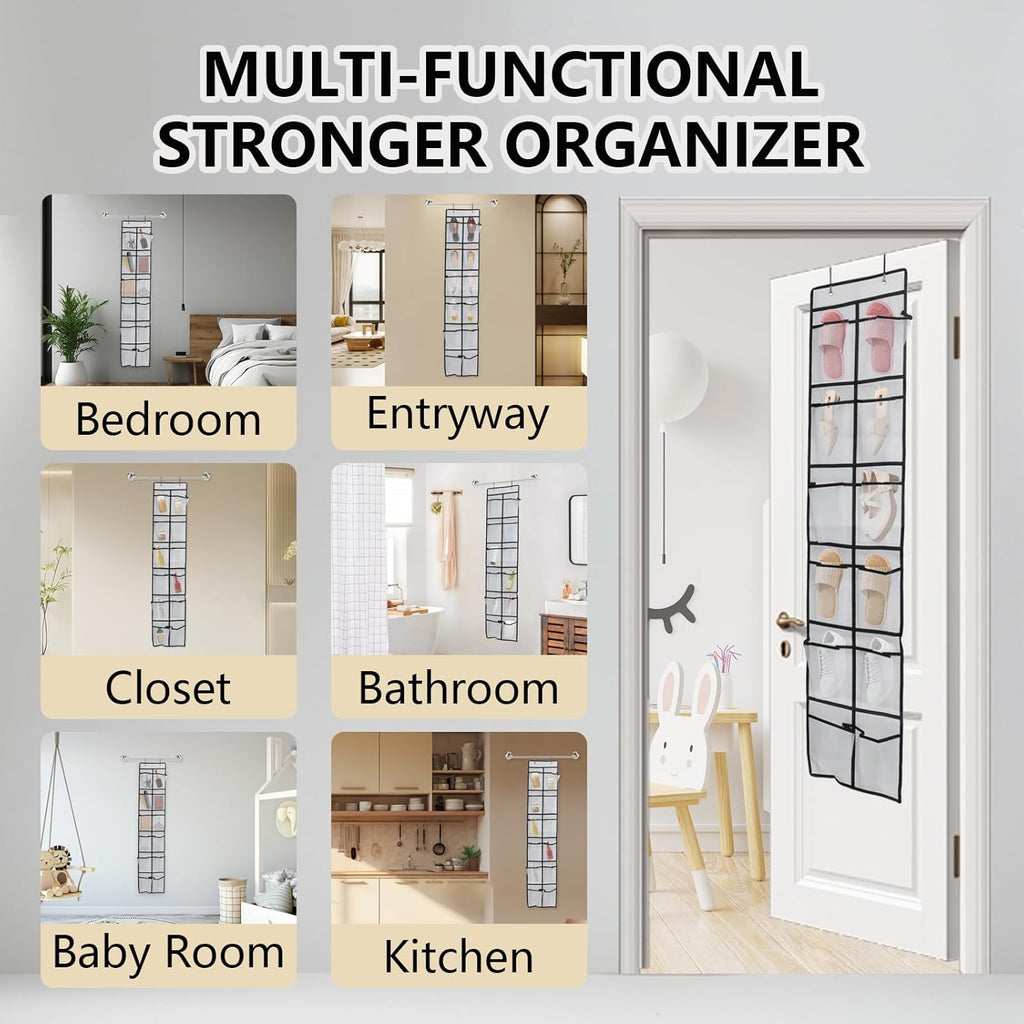 Over The Door Shoe Organizer - 12 Mesh Pockets With 4 Metal Hooks | Space-Saving White Design