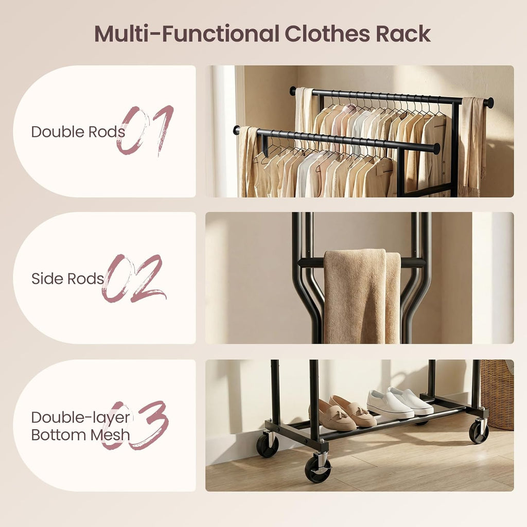 Skiennix Double Rods Rolling Clothes Rack - Heavy-Duty 260 LBS Capacity | Portable Metal Garment Rack in Black