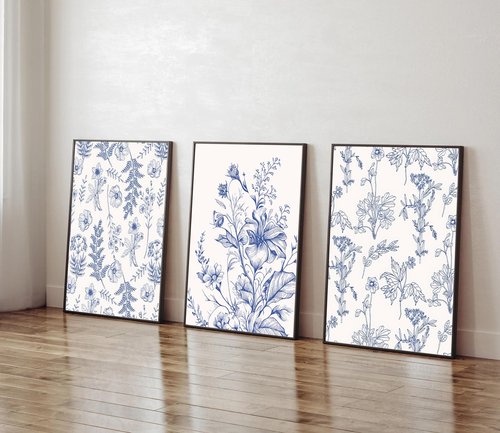 Blue Flowers Wall Art Set of 3, Chinoiserie Floral Canvas Wall Decor, Botanical Wall Art, Blue-Purple Wildflower Pattern Prints, Blue and White Plant Painting for Bathroom Bedroom 16x24 in Framed