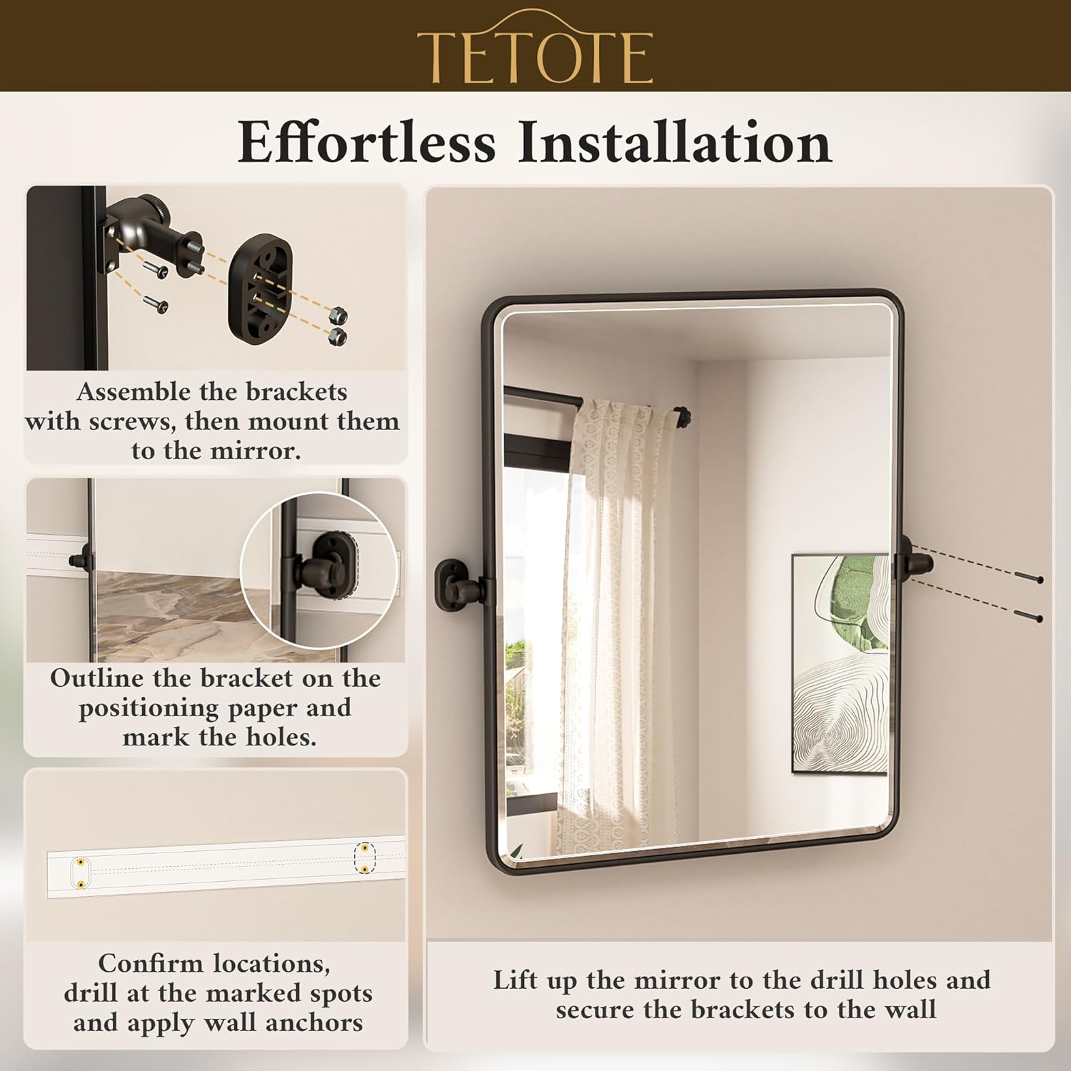 TETOTE Pivot Mirror - 20 x 30 Matte Black Rectangle Vanity Mirror | Adjustable Tilting Beveled Glass