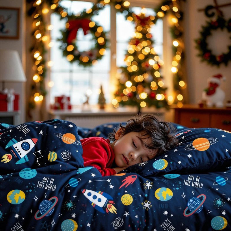 BQH Boys Twin Size Space Bedding Set - 7 Piece Rocket & Galaxy Comforter with Deep-Pocket Sheet, Whole-Piece Filling, Machine Washable Bed-in-a-Bag for Kids' Room Makeover & Gifts