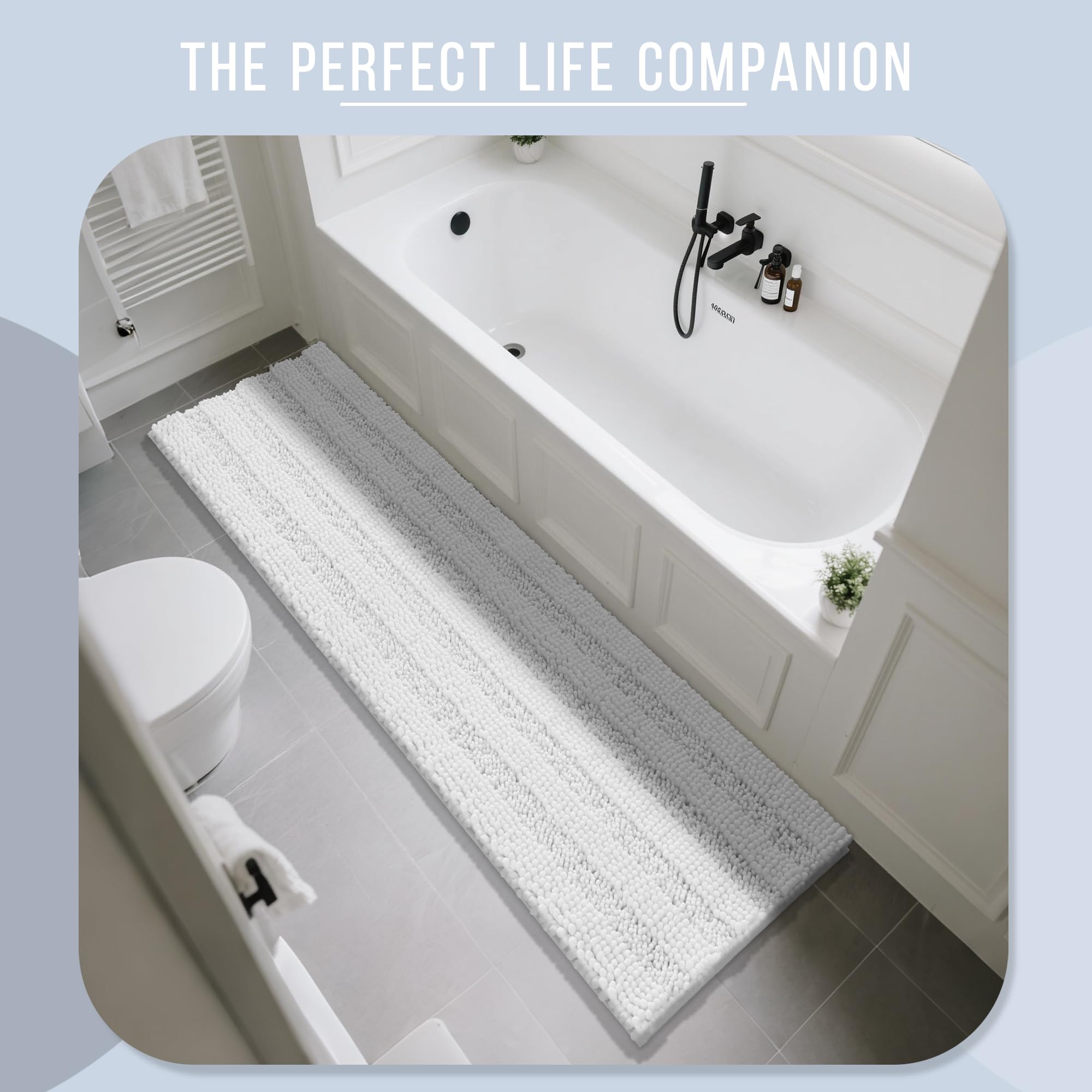 Yimobra Bathroom Runner Rug, 70 x 24, Long Bathroom Rugs Large Bath Mat, Soft Super Absorbent and Thick, Non-Slip, Machine Washable, Carpets for Home, Nursery, Bed and Living Room, White
