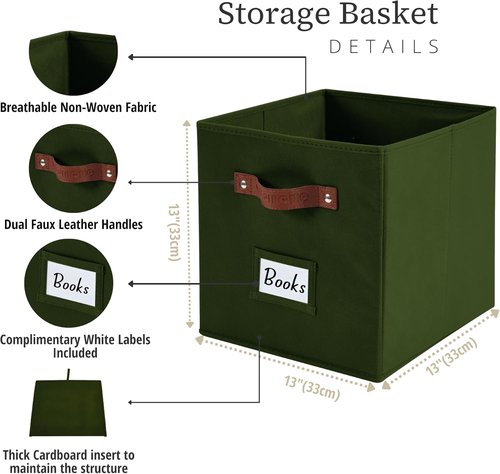DECOMOMO Storage Cubes - 13x13x13 Fabric Organizer Bins with Labels | Olive Green (Set of 6)