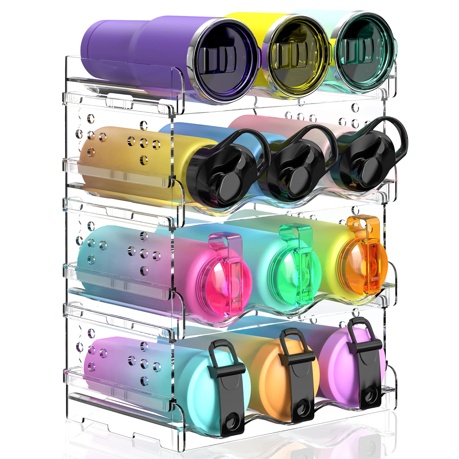 Water Bottle Organizer - 4 Pack Stackable Cup Organizer for Cabinet, Countertop, Pantry and Fridge, Free-Standing Tumbler Kitchen Storage Holder for Wine and Drink Bottles, Clear Plastic