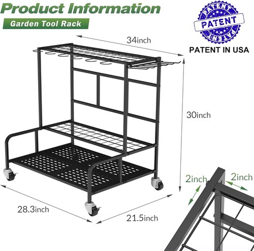 Heavy-Duty Steel Garden Tool Organizer Rack by [Brand Name] - Mobile Storage for Up to 39 Tools | 12 Hooks & Broom Holder, Black