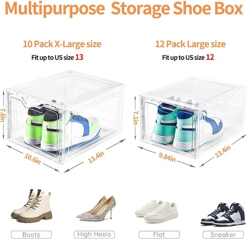 Clear Plastic Shoe Boxes - 10 Pack Stackable Storage Organizers with Lids | Fits Up to US Size 13