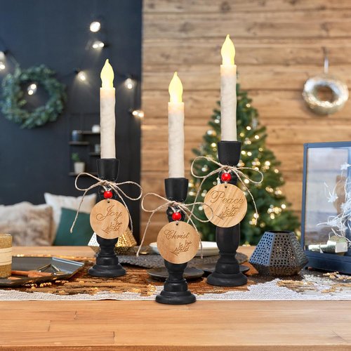 Cinnvoice Christmas Candle Holders Set - Rustic Wood Table Centerpiece | 8.26'' & 7'' with Peace, Love, Hope, Joy Tags