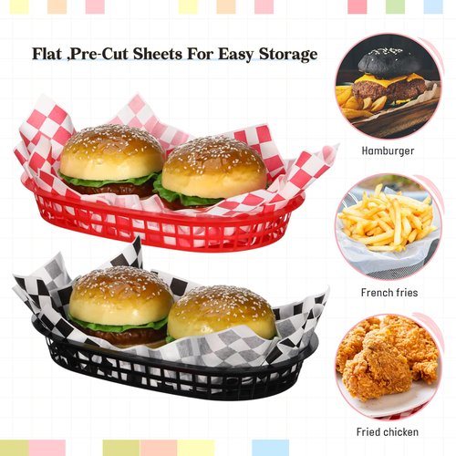Patelai 24 Pack Black Red Fast Food Baskets and 100 Sheet Checkered Deli Liners 10.6 x 6.7 Inch Versatile Plastic Food Service Tray for Burger Fries Sandwiches Hot Dogs Barbecues Picnics Parties