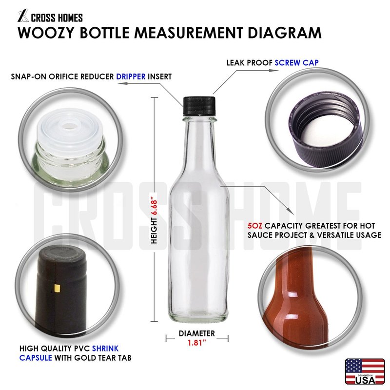 5oz Hot Sauce Bottles, Empty Clear Glass Woozy Bottles with Shrink Capsules, Small Wine Bottle with Shirnk Bands, Canning Bottle Cap Orifice Reducer Self-Printable Labels Free Design Template 30 BLACK