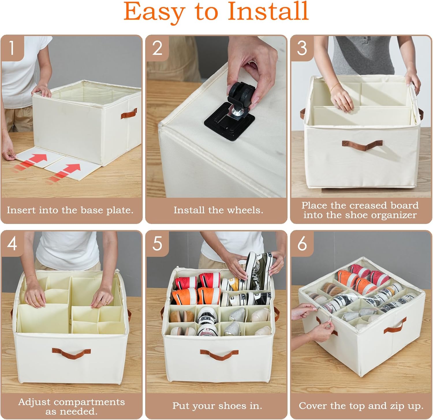 Skiennix Shoe Organizer - Stackable Storage Box with Wheels & Adjustable Dividers | Fits 16-32 Pairs, Beige