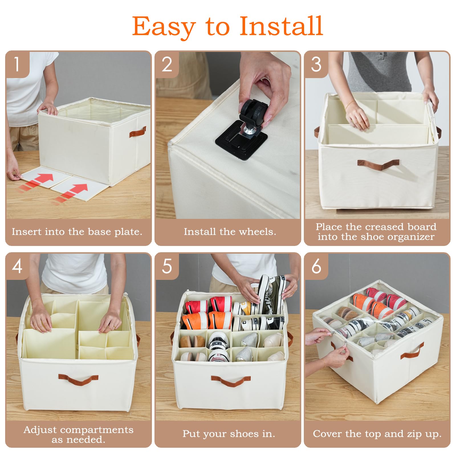 Shoe Organizer for Closet, 2 Pack Shoe Storage Organizer with Wheels and Adjustable Dividers, Stackable Shoe Storage Box with Clear Cover, Foldable Closet Shoe Organizer Fits up to 16-32 Pairs, Beige