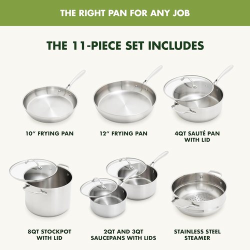GreenPan Stainless Steel Cookware Set - 11 Piece Induction Cookware | Dishwasher & Oven Safe, Silver