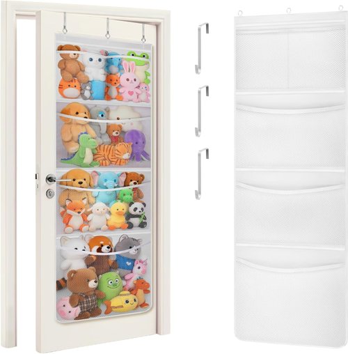 Lifewit Stuffed Animal Storage - Over The Door Organizer with 5 Expandable Mesh Pockets | White, 65.8" High