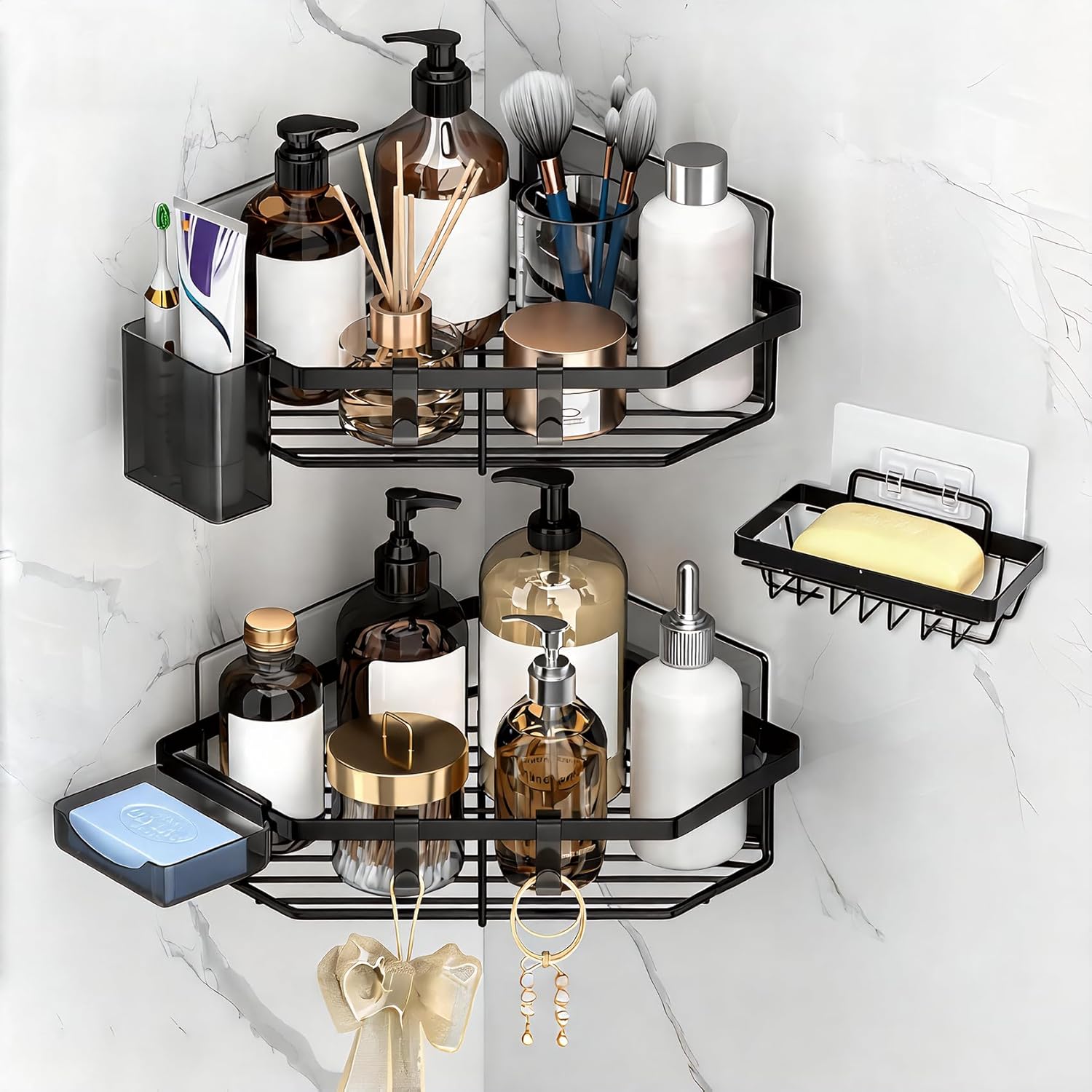 Skiennix Corner Shower Caddy - 5-Pack Adhesive Organizer Shelves | No-Drill Stainless Steel Storage Rack in Black