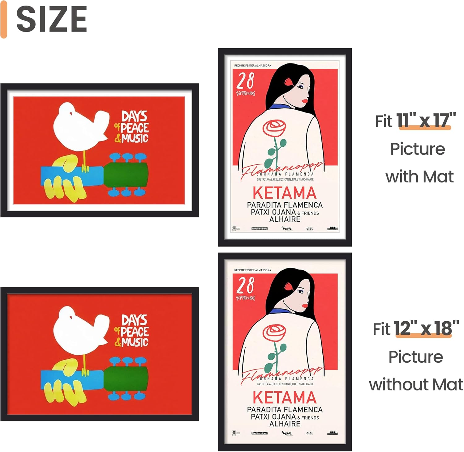 Upsimples 12x18 Picture Frame Set of 5 - Versatile Black Frames for 11x17 or 12x18 Photos