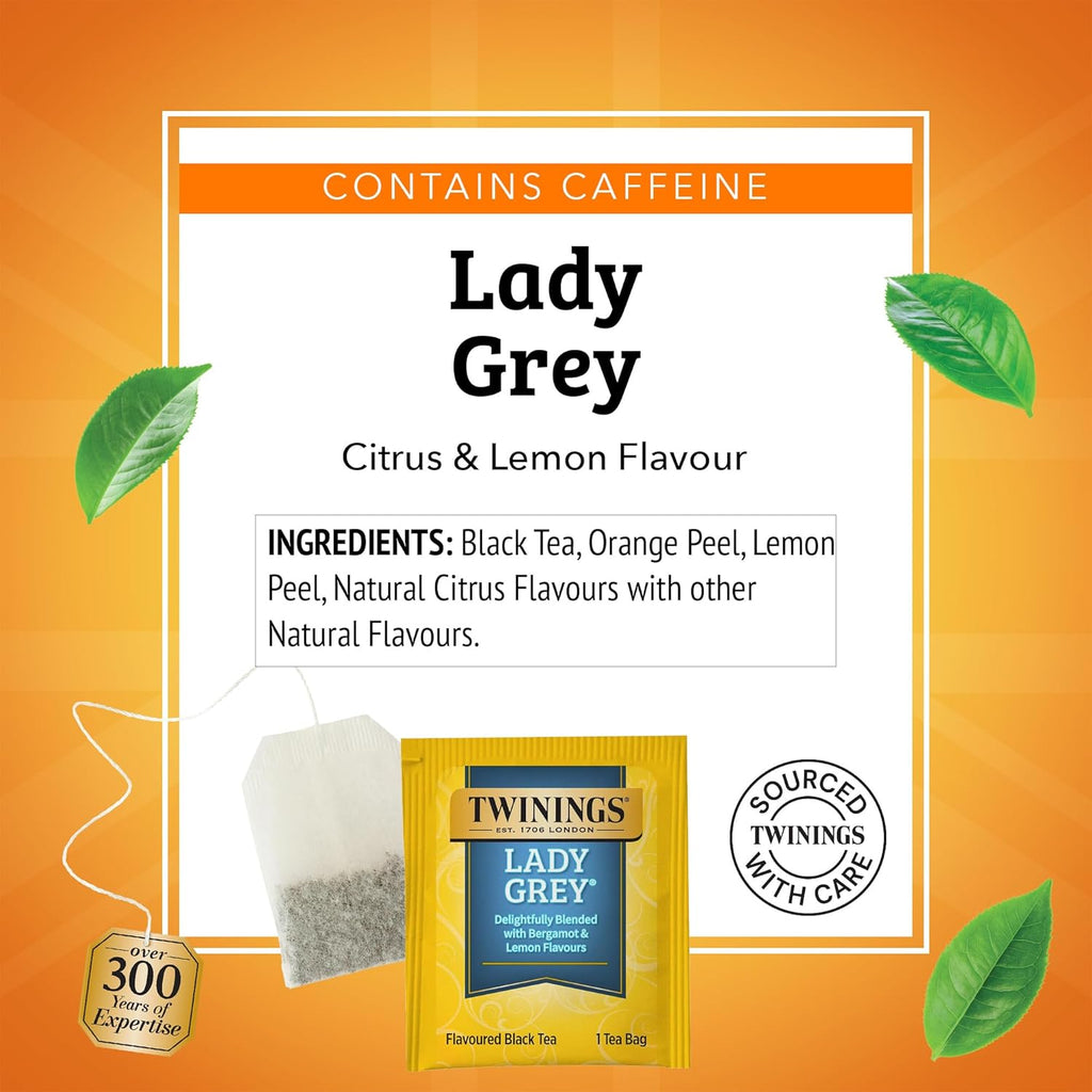 Twinings Lady Grey Black Tea - Individually Wrapped 100 Count | Fresh Orange & Lemon Peel Flavor, Enjoy Hot or Iced
