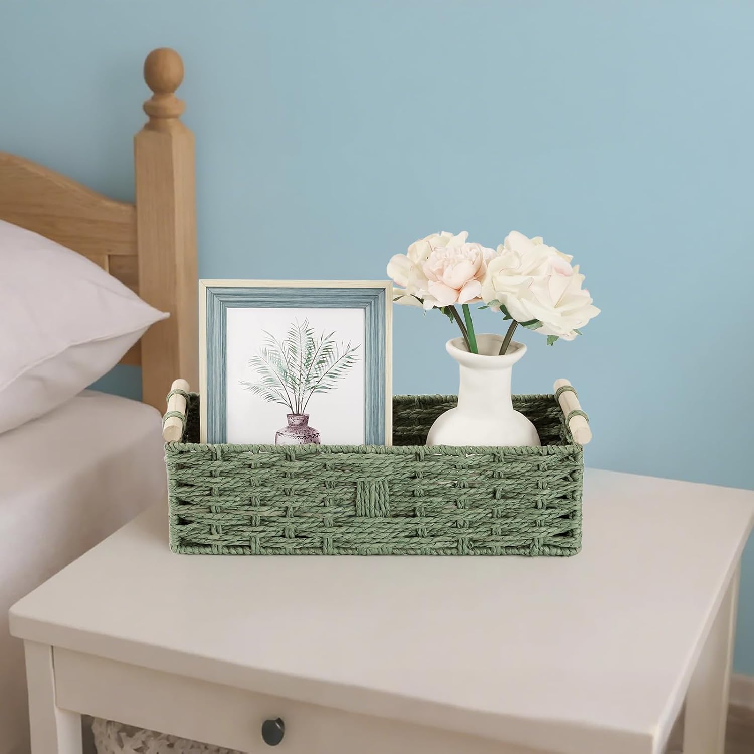 Skiennix Toilet Paper Storage Basket - Decorative Wicker Design with Wooden Handles | Green Paper Rope for Bathroom Decor