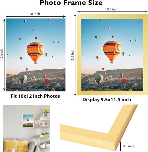 JCJMY 10x12 Gold Picture Frame - Wall Mounting Horizontally or Vertically | Shatter Resistant Plexiglass