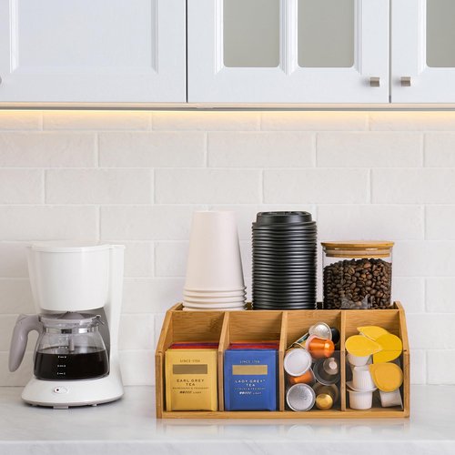 HUCINIUN Bamboo Coffee Station Organizer for Countertop, Coffee Bar Accessories Organizer with 5 Compartments for Tea Bags Condiment, Pods, Creamer, Syrup, Cups