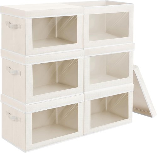 Homsorout Foldable Storage Boxes - Large Organiser Cubes with Lids & Clear Window | Beige 6-Pack